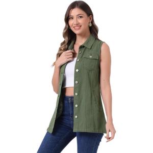 imageAllegra K Womens Denim Vest Sleeveless Button Down Waistcoat Casual Long Jean VestsArmy Green