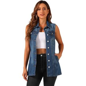 imageAllegra K Womens Denim Vest Sleeveless Button Down Waistcoat Casual Long Jean VestsDark Blue