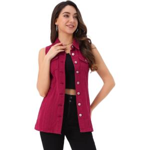 imageAllegra K Womens Denim Vest Sleeveless Button Down Waistcoat Casual Long Jean VestsDark Red