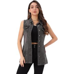 imageAllegra K Womens Denim Vest Sleeveless Button Down Waistcoat Casual Long Jean VestsGrey