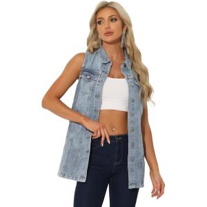 imageAllegra K Womens Denim Vest Sleeveless Button Down Waistcoat Casual Long Jean VestsGrey Blue