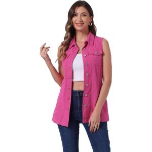 imageAllegra K Womens Denim Vest Sleeveless Button Down Waistcoat Casual Long Jean VestsHot Pink