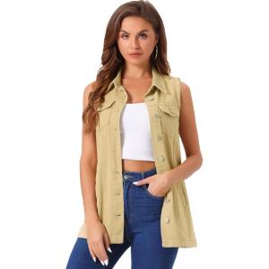 imageAllegra K Womens Denim Vest Sleeveless Button Down Waistcoat Casual Long Jean VestsKhaki