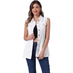 imageAllegra K Womens Denim Vest Sleeveless Button Down Waistcoat Casual Long Jean VestsWhite