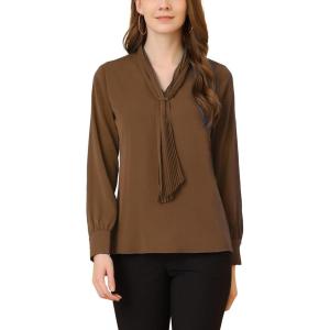 imageAllegra K Womens Dressy Long Sleeve Blouses Chiffon Pleated Tie Neck Office Top ShirtCoffee