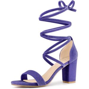 imageAllegra K Womens Faux Velvet Lace Up Chunky Heel Strappy SandalsPurple