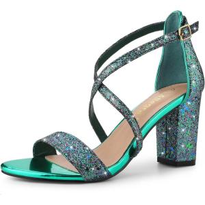 imageAllegra K Womens Glitter Crisscross Strap Block Heels SandalsGreen