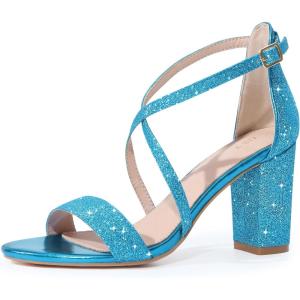 imageAllegra K Womens Glitter Crisscross Strap Block Heels SandalsLake Blue