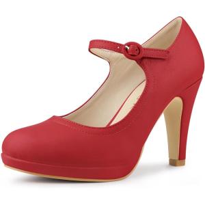 imageAllegra K Womens Platform Round Toe Ankle Strap Mary Jane Shoes Pump Stiletto Heel PumpsRed