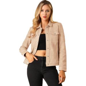 imageAllegra K Womens TurnDown Collar Flap Pockets Snap Button Faux Suede JacketApricot Pink