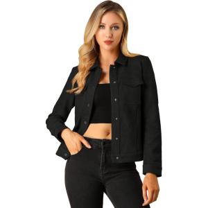imageAllegra K Womens TurnDown Collar Flap Pockets Snap Button Faux Suede JacketBlack