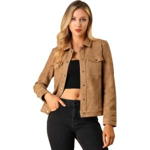 imageAllegra K Womens TurnDown Collar Flap Pockets Snap Button Faux Suede JacketBrown