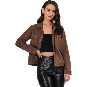 imageAllegra K Womens TurnDown Collar Flap Pockets Snap Button Faux Suede JacketCoffee