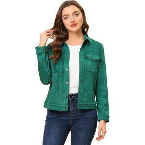 imageAllegra K Womens TurnDown Collar Flap Pockets Snap Button Faux Suede JacketGreen