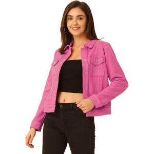 imageAllegra K Womens TurnDown Collar Flap Pockets Snap Button Faux Suede JacketHot Pink