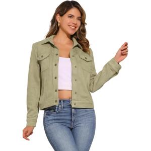 imageAllegra K Womens TurnDown Collar Flap Pockets Snap Button Faux Suede JacketLight Green