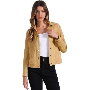 imageAllegra K Womens TurnDown Collar Flap Pockets Snap Button Faux Suede JacketLight Yellow