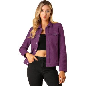 imageAllegra K Womens TurnDown Collar Flap Pockets Snap Button Faux Suede JacketPurple