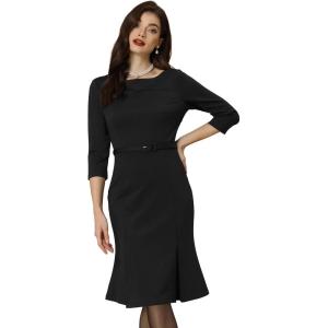 imageAllegra K Business Elegant Funeral Dresses for Womens Boat Neck 34 Sleeve Pleated Modest Midi DressBlack