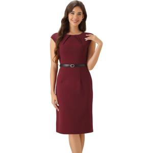 imageAllegra K Elegant Business Dress for Womens Cap Sleeve Belted Wear to Work Sheath DressesBurgundy