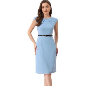 imageAllegra K Elegant Business Dress for Womens Cap Sleeve Belted Wear to Work Sheath DressesLight Blue