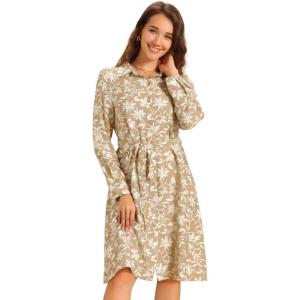 imageAllegra K Floral Button Down Dress for Womens Collar Long Sleeve Tie Belted Shirt DressesKhaki