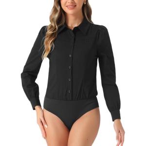 imageAllegra K Leotard Shirt for Womens Collared Business Casual Button Down Long Sleeves Bodysuit TopBlack