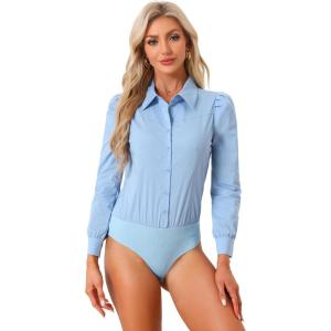 imageAllegra K Leotard Shirt for Womens Collared Business Casual Button Down Long Sleeves Bodysuit TopLight Blue
