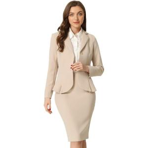 imageAllegra K Skirt Suit Sets for Womens 2 Piece Formal Office Notched Lapel Peplum Jacket Blazer Pencil Skirts SetKhaki