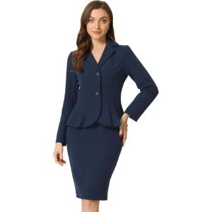 imageAllegra K Skirt Suit Sets for Womens 2 Piece Formal Office Notched Lapel Peplum Jacket Blazer Pencil Skirts SetNavy