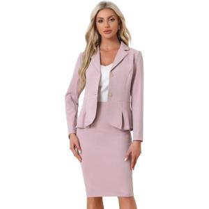 imageAllegra K Skirt Suit Sets for Womens 2 Piece Formal Office Notched Lapel Peplum Jacket Blazer Pencil Skirts SetPink