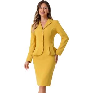 imageAllegra K Skirt Suit Sets for Womens 2 Piece Formal Office Notched Lapel Peplum Jacket Blazer Pencil Skirts SetYellow