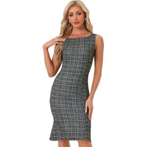 imageAllegra K Tweed Dress for Womens Summer Sleeveless Elegant Plaid Bodycon DressesBlack