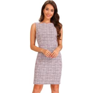 imageAllegra K Tweed Dress for Womens Summer Sleeveless Elegant Plaid Bodycon DressesWhite Pink