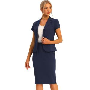 imageAllegra K Womens Business Skirt Suit Set Work Office Short Sleeve Blazer Jacket Pencil SkirtDark Blue
