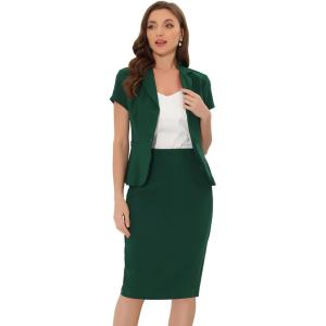 imageAllegra K Womens Business Skirt Suit Set Work Office Short Sleeve Blazer Jacket Pencil SkirtDark Green