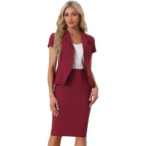 imageAllegra K Womens Business Skirt Suit Set Work Office Short Sleeve Blazer Jacket Pencil SkirtDark Red