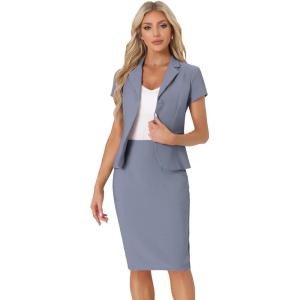 imageAllegra K Womens Business Skirt Suit Set Work Office Short Sleeve Blazer Jacket Pencil SkirtGrey Blue