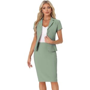 imageAllegra K Womens Business Skirt Suit Set Work Office Short Sleeve Blazer Jacket Pencil SkirtSea Green