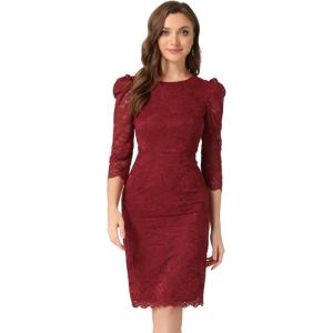 imageAllegra K Womens Elegant Lace Dress 34 Sleeve Business Wedding Guest Cocktail Bodycon DressBurgundy