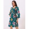 imageAllegra K Womens Chiffon Floral Sexy Deep V Neck Tie Waist Bishop Sleeve Casual Wrap Midi DressDark Green