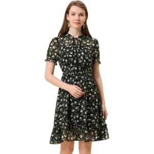 imageAllegra K Floral Dress for Womens 2024 Summer Puff Sleeve Ruffles Tiered Chiffon Smocked DressesBlack