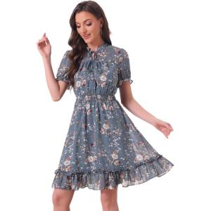 imageAllegra K Floral Dress for Womens 2024 Summer Puff Sleeve Ruffles Tiered Chiffon Smocked DressesGrey Blue