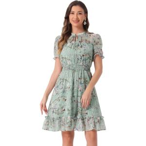 imageAllegra K Floral Dress for Womens 2024 Summer Puff Sleeve Ruffles Tiered Chiffon Smocked DressesLight Green