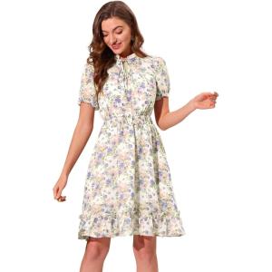 imageAllegra K Floral Dress for Womens 2024 Summer Puff Sleeve Ruffles Tiered Chiffon Smocked DressesWhite