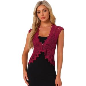 imageAllegra K Floral Lace Shrug for Womens Wedding Guest Cap Sleeve Formal Sheer Bolero CardiganBurgundy