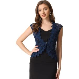 imageAllegra K Floral Lace Shrug for Womens Wedding Guest Cap Sleeve Formal Sheer Bolero CardiganDark Blue