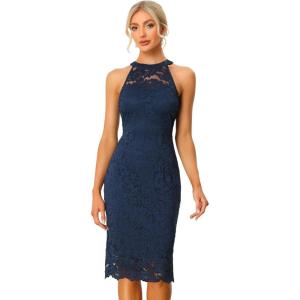 imageAllegra K Halter Formal Dress for Womens Sleeveless Bodycon Wedding Guest Cocktail Lace Sheath DressDark Blue