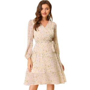 imageAllegra K Womens Chiffon Floral Sexy Deep V Neck Tie Waist Bishop Sleeve Casual Wrap Midi DressApricot