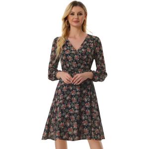 imageAllegra K Womens Chiffon Floral Sexy Deep V Neck Tie Waist Bishop Sleeve Casual Wrap Midi DressBlack